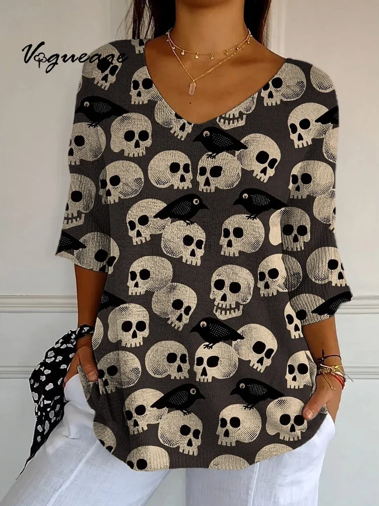 Halloween Horror Skull Black Crow Printed Knitted Sweater