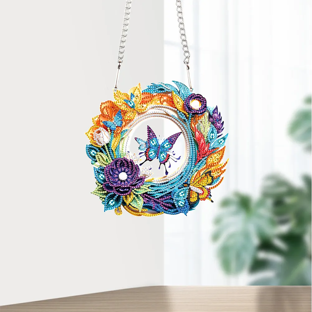DIY Flower Butterfly Acrylic Special Shaped+Round Diamond Painting Wreath Ornament for Xmas Wall Decor