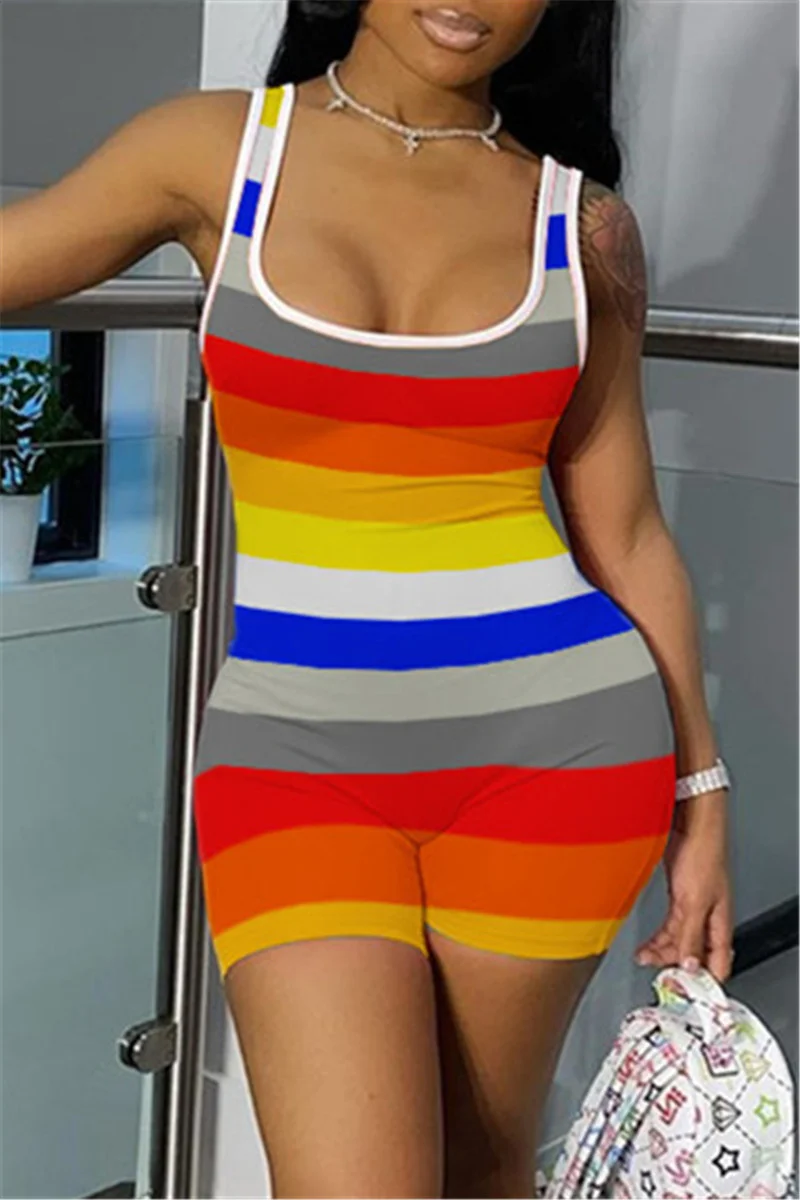 Colour Fashion Casual Striped Print Basic U Neck Skinny Romper | EGEMISS