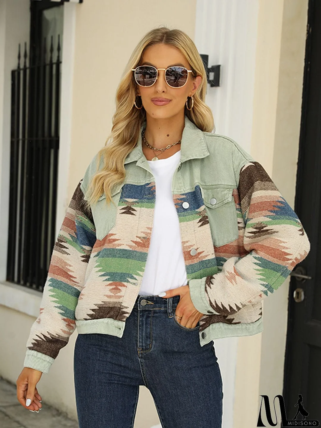 MidiSono - Printed Dropped Shoulder Long Sleeve Denim Jacket