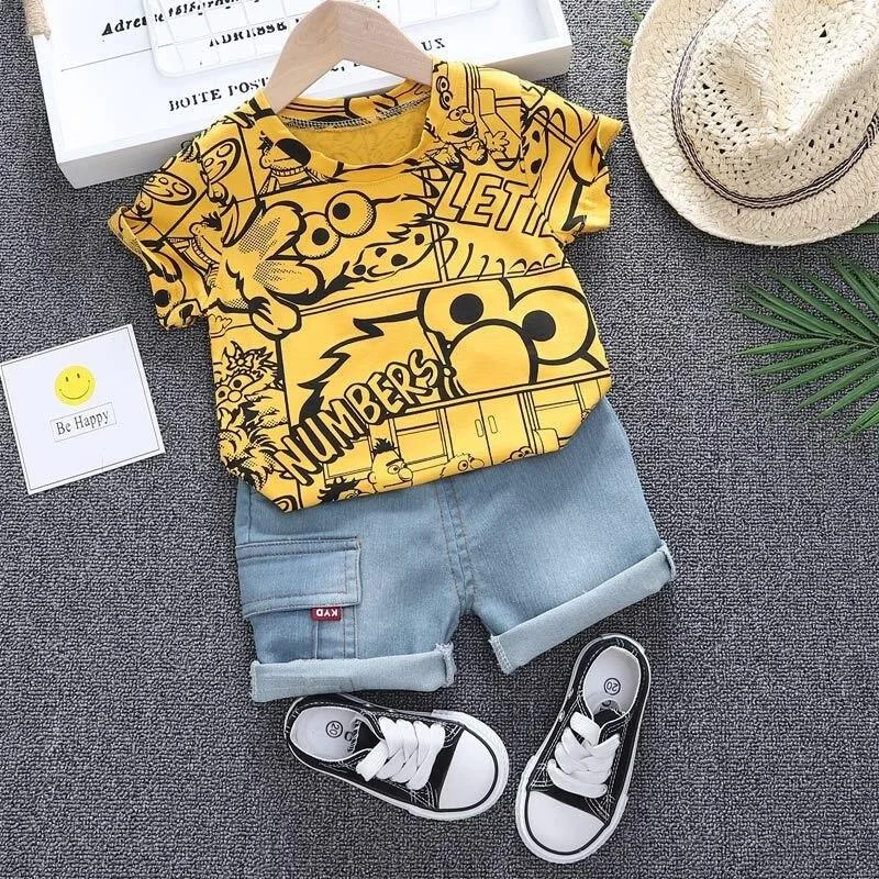 Boys Summer Clothing 2021 New O-neck T-shirt with Denim Shorts 2 Pieces Short-sleeved Sets Children Baby Summer Graffiti Clothes