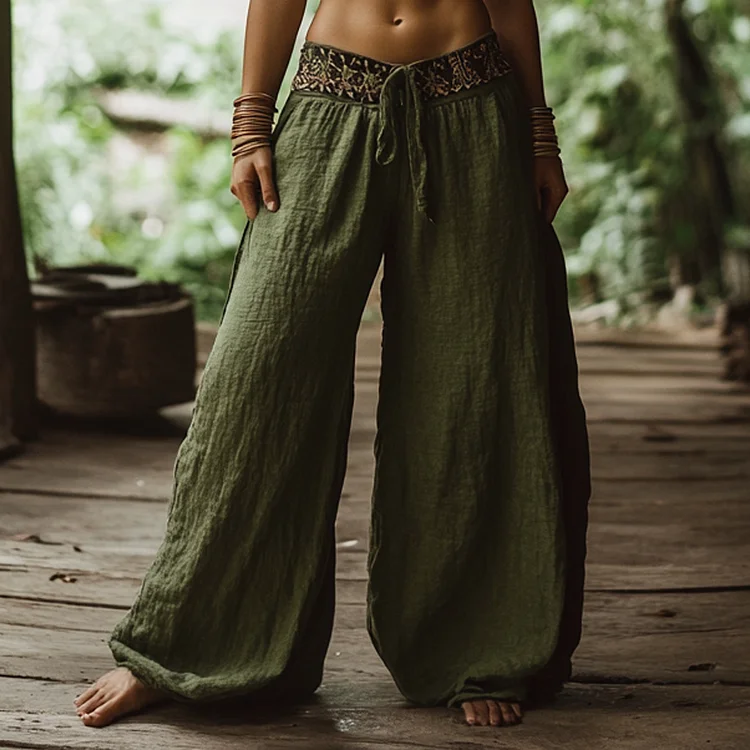 Bohemian Holiday Style Retro Linen Floral Ethnic Totem Print Casual Pants