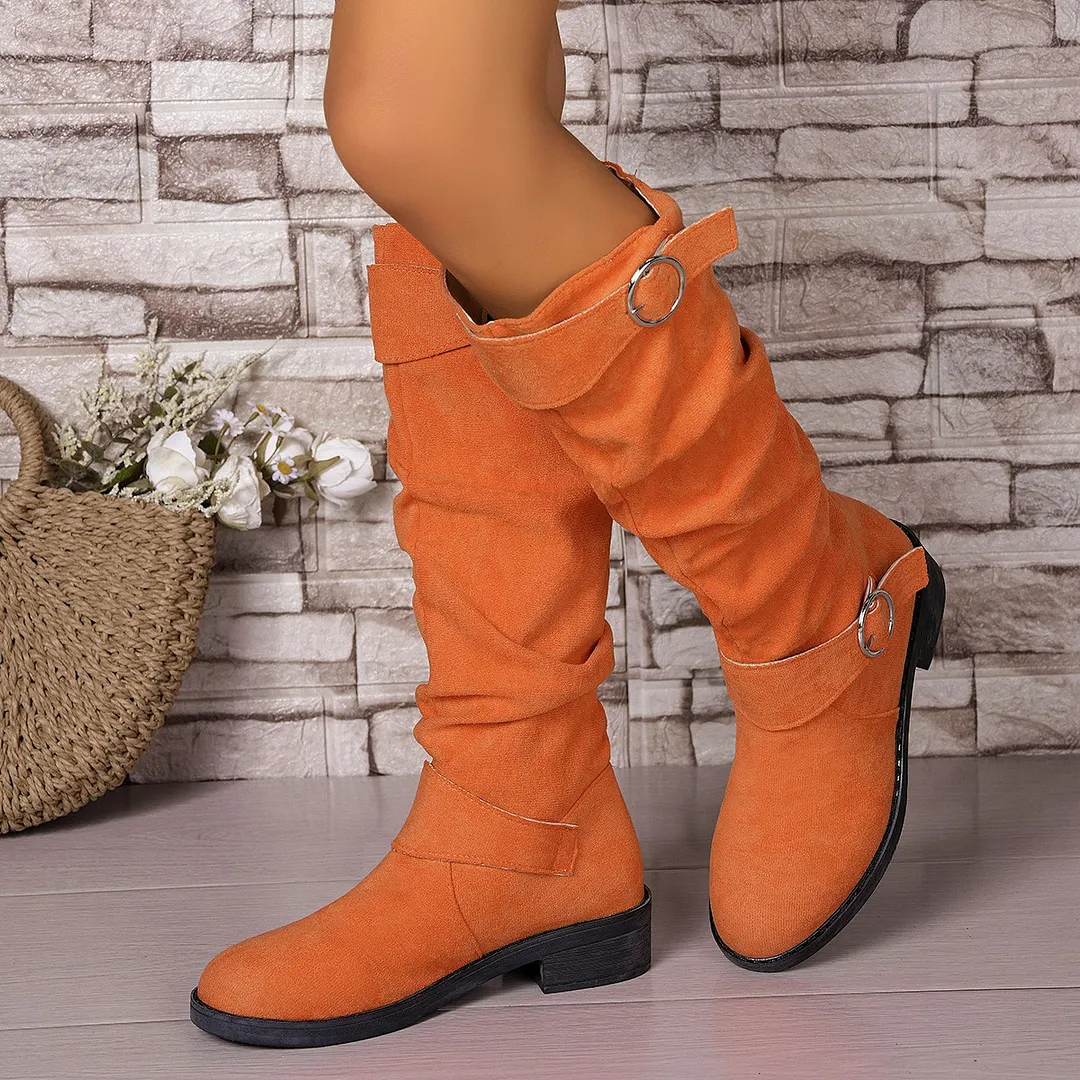 Breakj Breakj Women's Fashion Boots Large-Size Round Head Thick And Long Boots Solid Color Belt Buckle In Autumn And Winter 2025