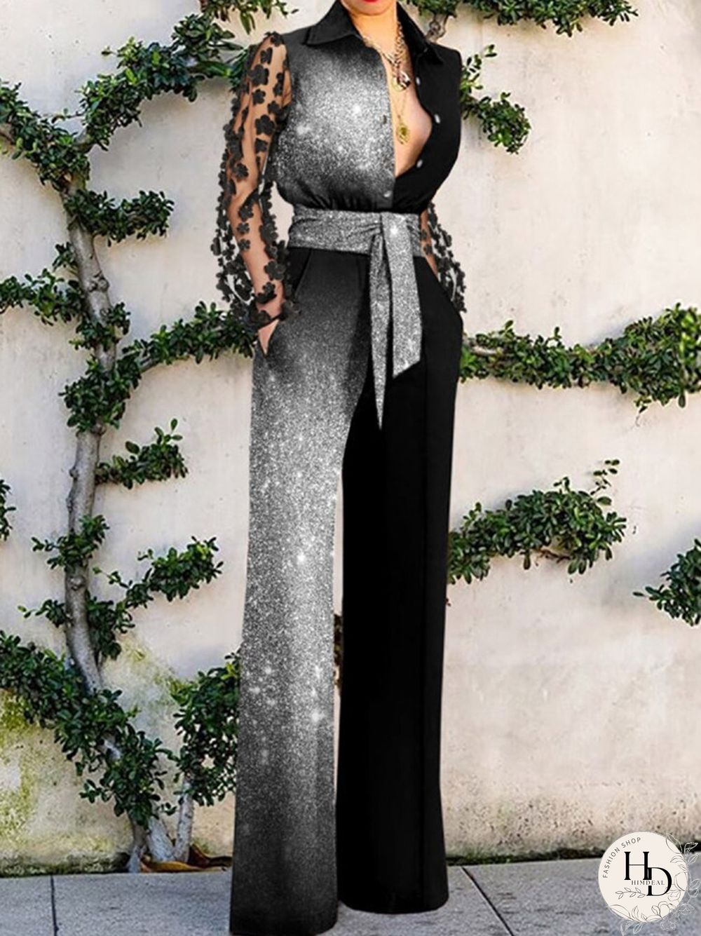 Summer Sexy Hollow Tie-Up Loose Playsuit Women Fashion Wide Leg Party Jumpsuit Elegant