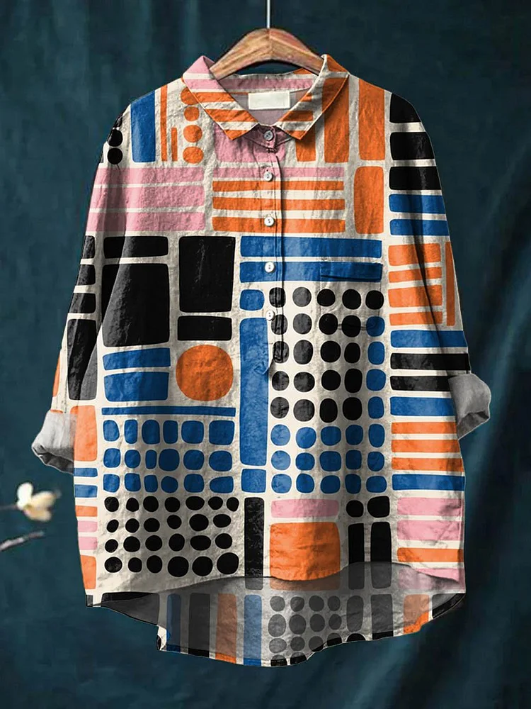 Vintage Geometric Pattern Art Print Casual Cotton And Linen Shirt