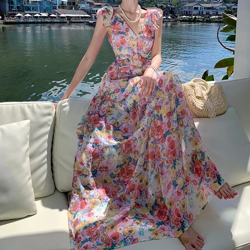 Churchf Churchf Floral Collar Dress Female Tea Break Seaside Vacation Senior Age Reduction Long Skirt Sanya Open Back Lace Skirt