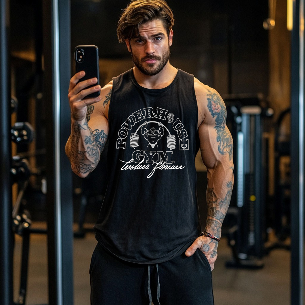 Retro Gym Power Wolf Design Washed Tank Top