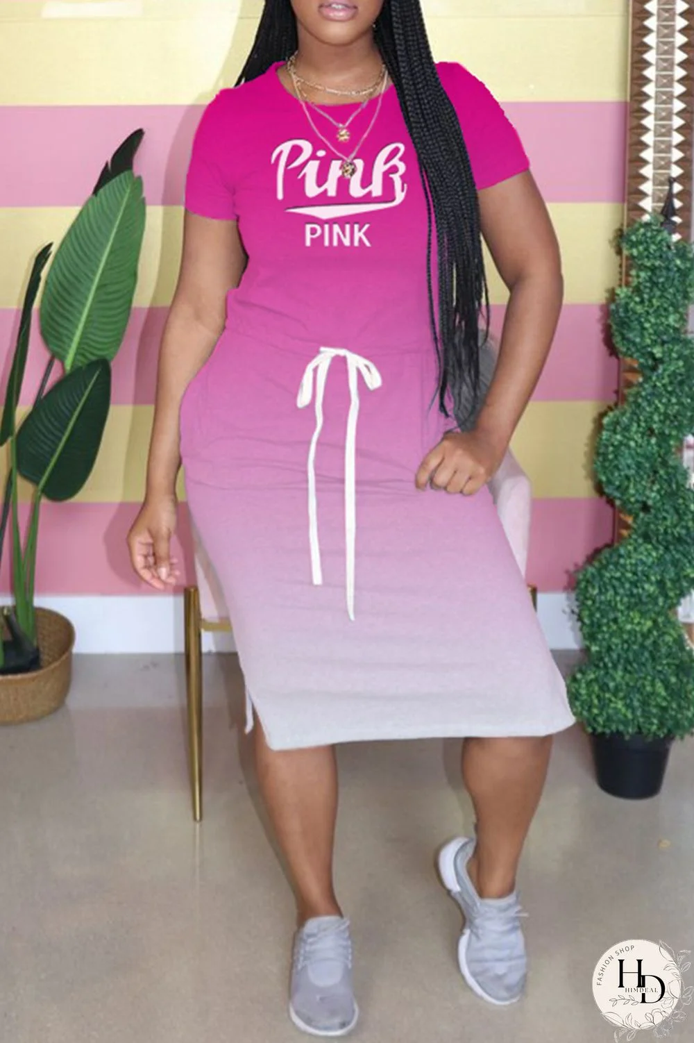 Black Fashion Casual Gradual Change Letter Print Basic O Neck Short Sleeve Dress