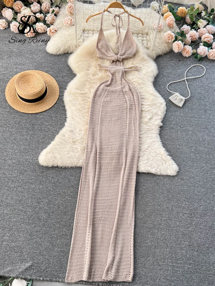 Huibahe Spaghetti Strap Knitted Beach Long Dress Summer Vintage Hollow Out Sheath Sundress 2024 Elastic Backless Sexy Dress