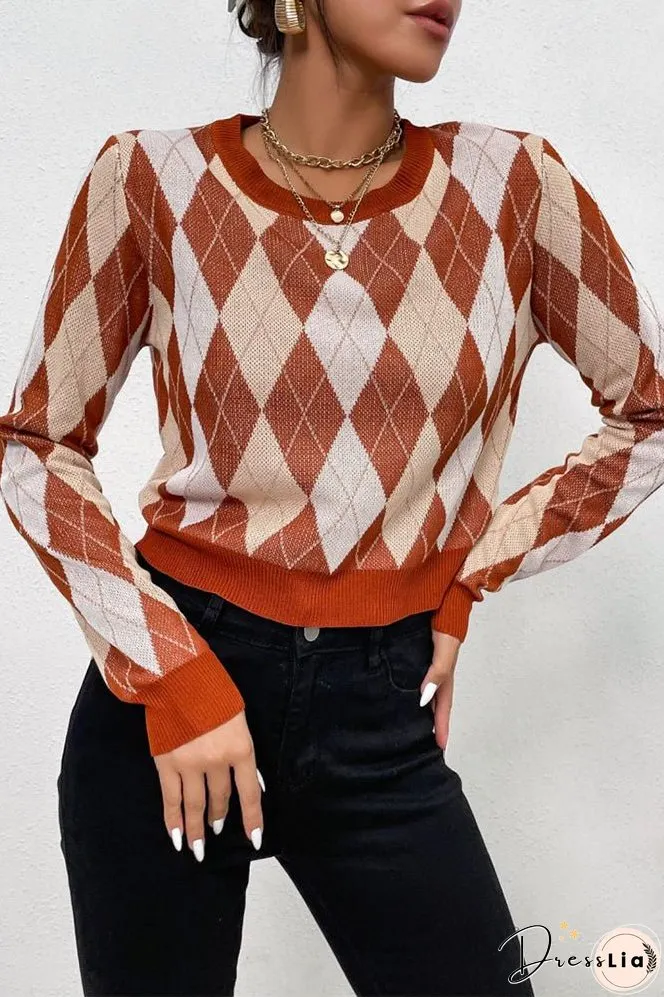 Brown Diamond Knit Pullover Sweaters
