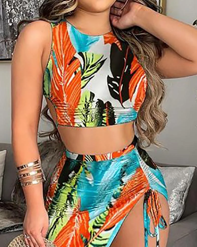 Print Drawstring Top & High Slit Skirt Set