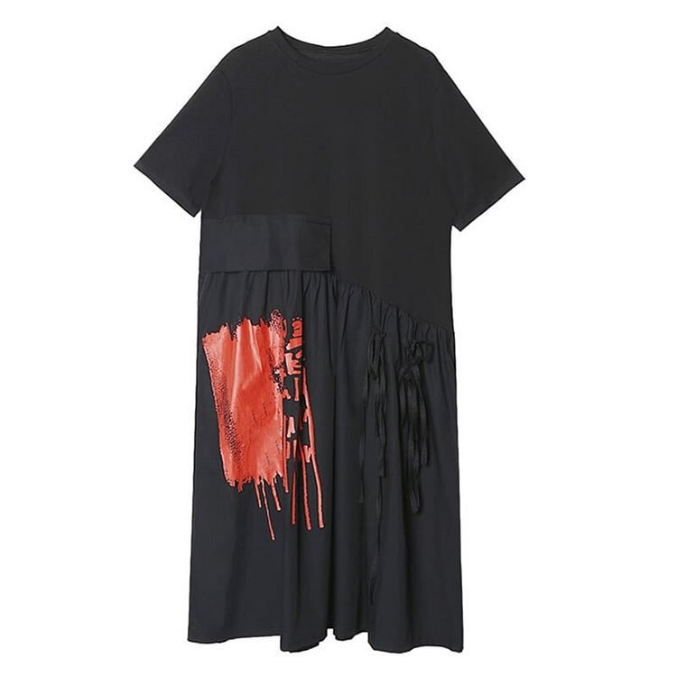 Fashion High Waist Patchwork Hit Short Sleeve Midi Dress