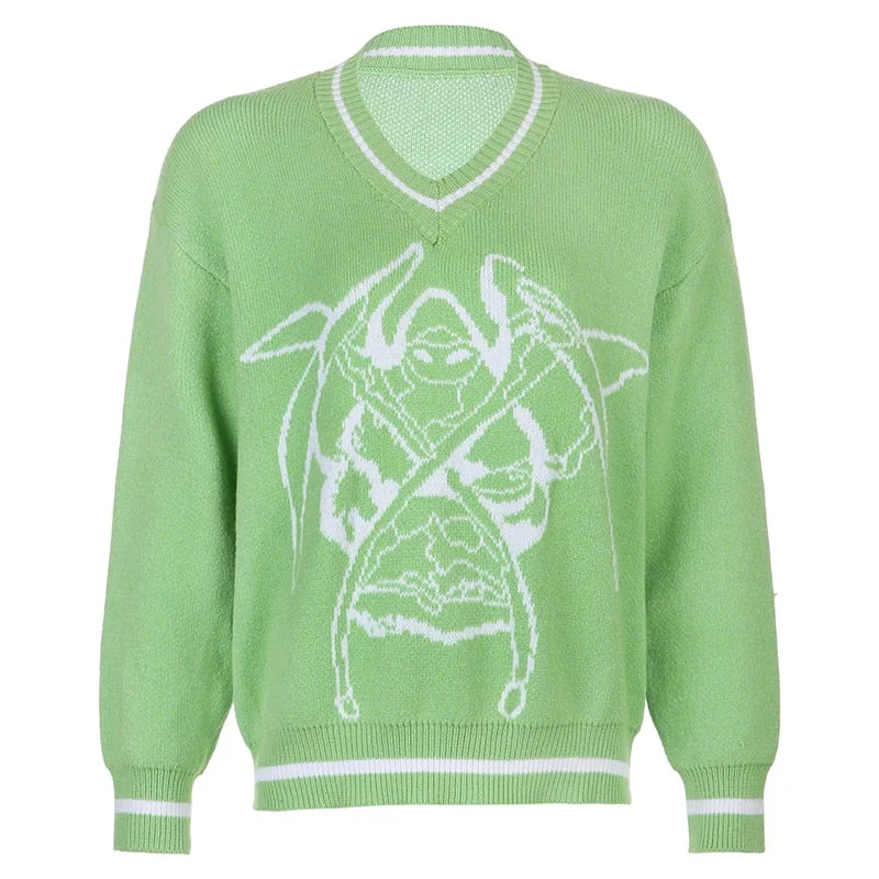 Preppy Style Y2K Sweaters Tops green Women Ovesized Vintage Graphic Print Aesthetic Pullovers V-neck Harajuku Tops Cuteandpsycho