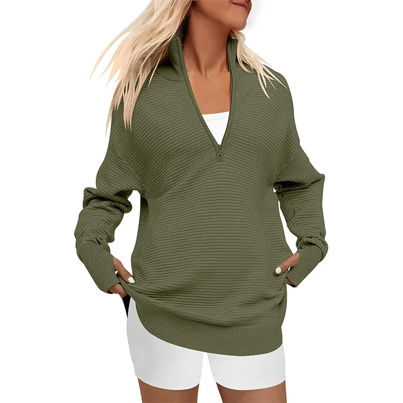 Wongn Wongn Hot Style Women's Long Sleeve Half Zipper V-Neck Casual Rib Knit Sweater Women's Jumper