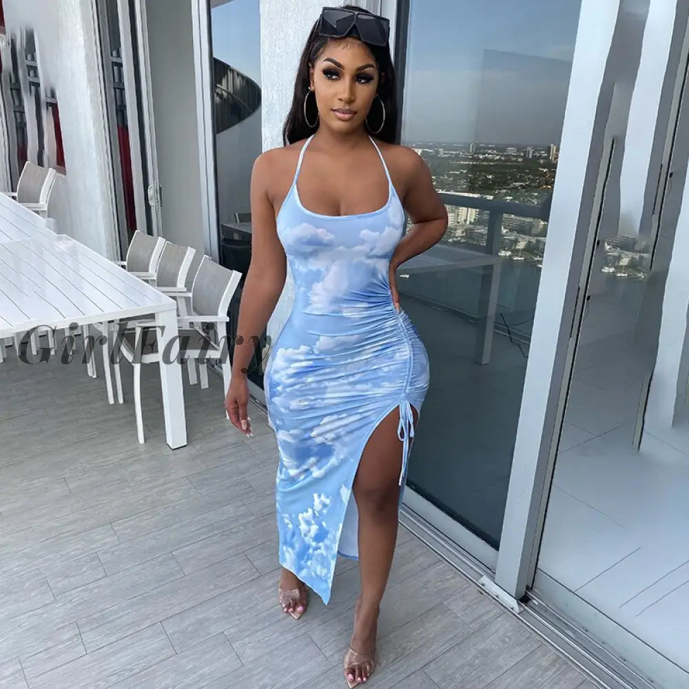 Girlfairy New Women Summer Close-Fitting Slit Drawstring Dress Printed Pattern Sleeveless Halter