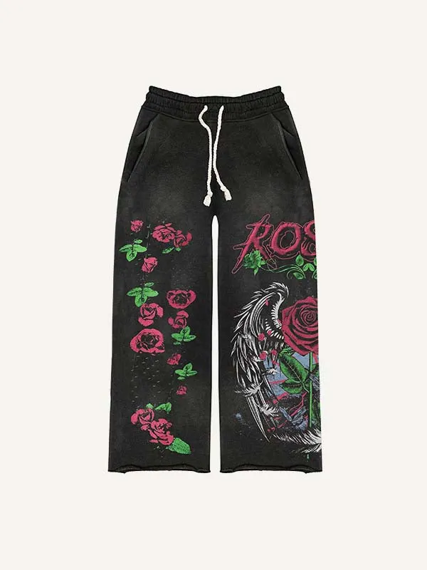 Rose&Letter&Wing Print Elastic Waist Pants