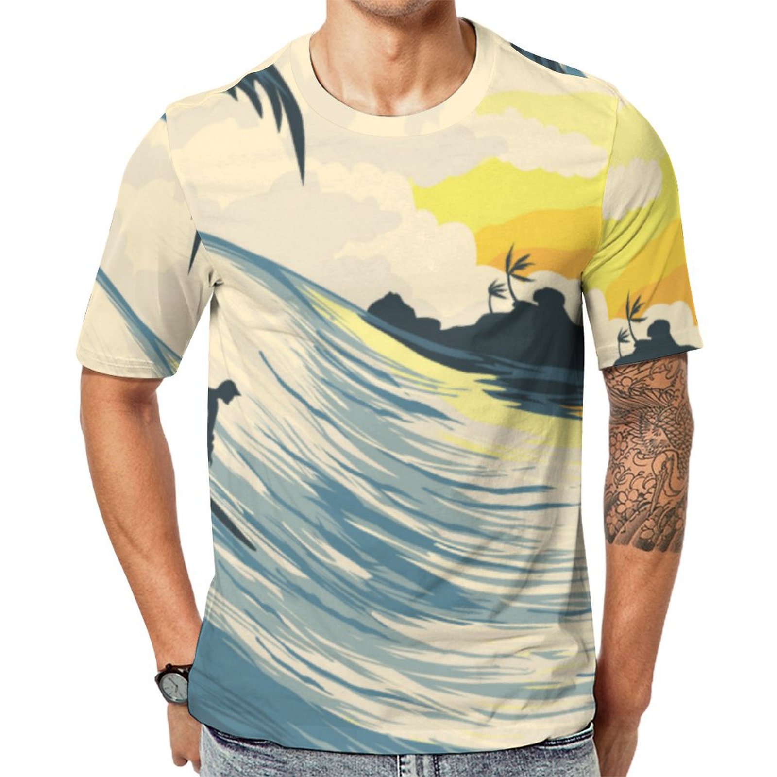 Tropical Island Wave And Surfer At Sunset Short Sleeve Print Unisex Tshirt Summer Casual Tees for Men and Women Coolcoshirts