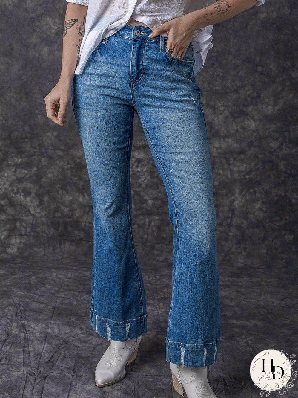 Vintage Embroidered Patchwork Bootcut Button Side Split Denim Jeans