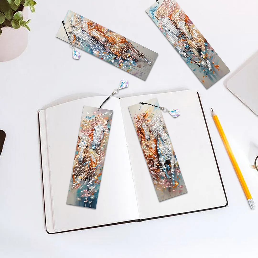4Pcs Galloping Horse DIY Diamond Bookmark Art Projects Irregular Shaped Diamonds Diamond Painting Art Bookmarks with Crystal Pendants for DIY Making Beginners Adult Art Craft Supplies