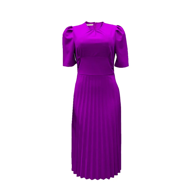 New Short Sleeve Pleated Solid Color Dress