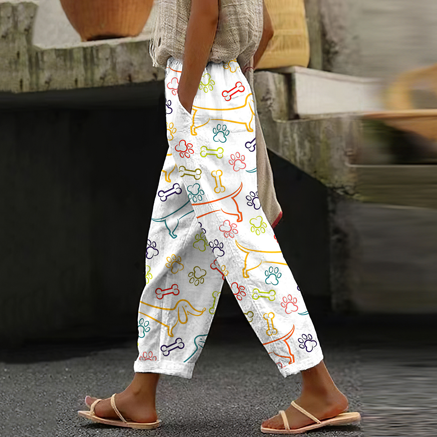 Women's Vintage Graffiti Dachshund Casual Pocket Pants wearshes