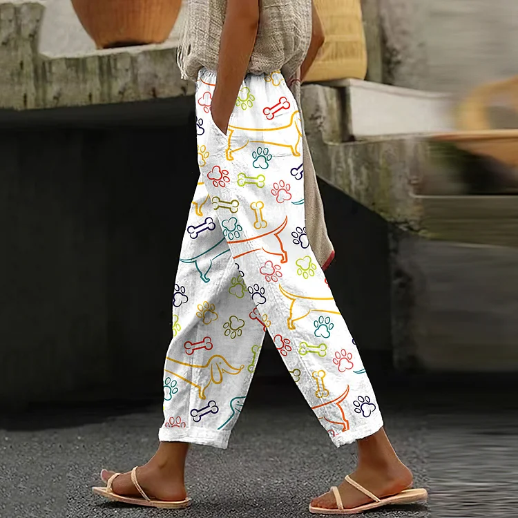 Women's Vintage Graffiti Dachshund Casual Pocket Pants