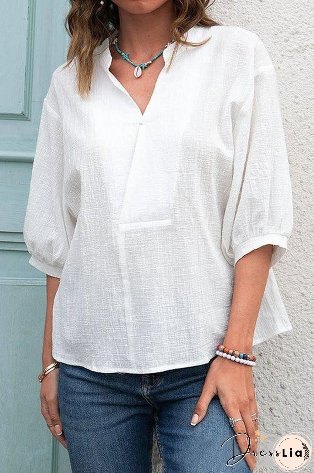 V Neck Seven Puff Sleeve Blouse