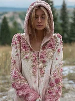 Vintage Boho Pink Roses Embroidered Comfy Knit Hooded Cardigan