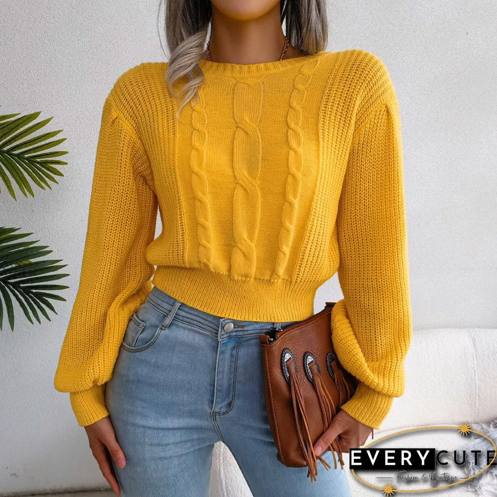 Twist Knit Sweater Pullover For Women Fall New Solid Knitwear Casual Full Balloon Sleeve Waist Skinny Short Sweater