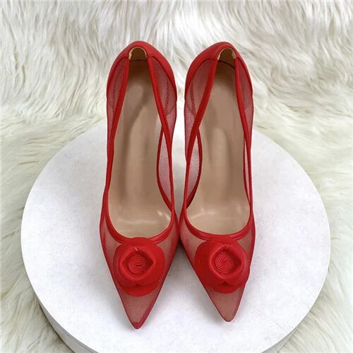 VCshoes Women Red Flower Mesh Hollow Pumps 12cm High Heel Pointed Toe Dress Party Dating Shoes BM054