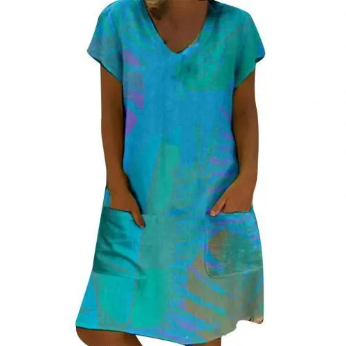 Women Casual Short Sleeve V Neck Leaf Print Pockets Loose Knee-length Dress Casual V Neck Leaf Print women blouse