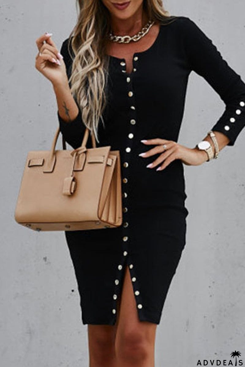 Elegant Solid Buckle V Neck Pencil Skirt Dresses