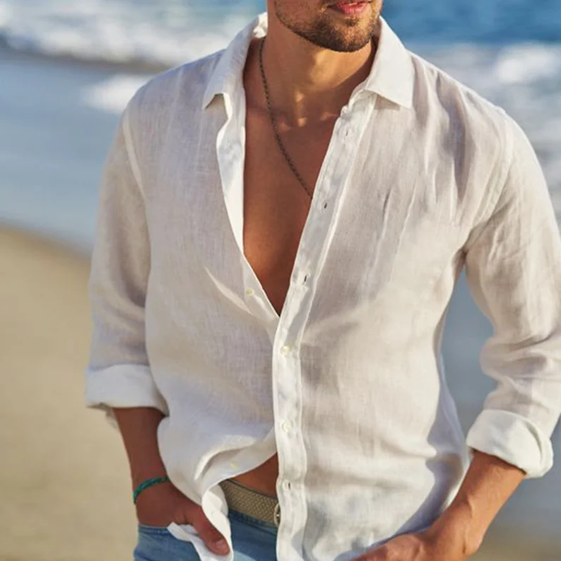 Men's Resort Style Solid Color Basic Fashion Loose Linen Shirt-inspireuse