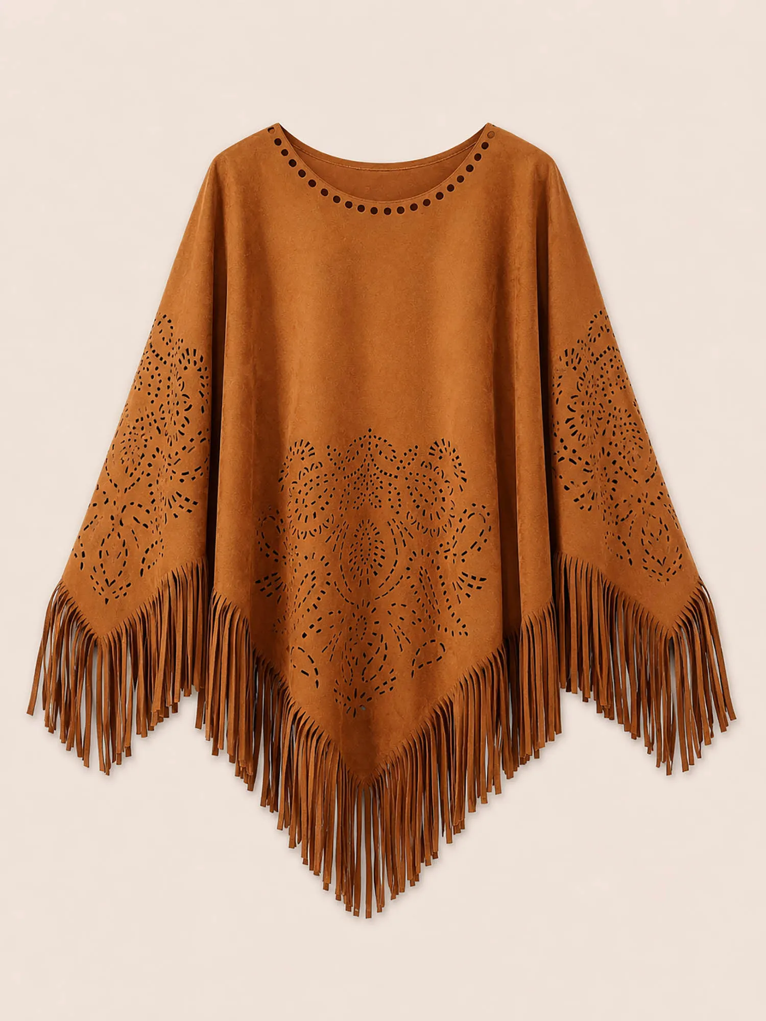 Women's Faux Suede Laser Cut Fringe Poncho | Boho Western Shawl Cape