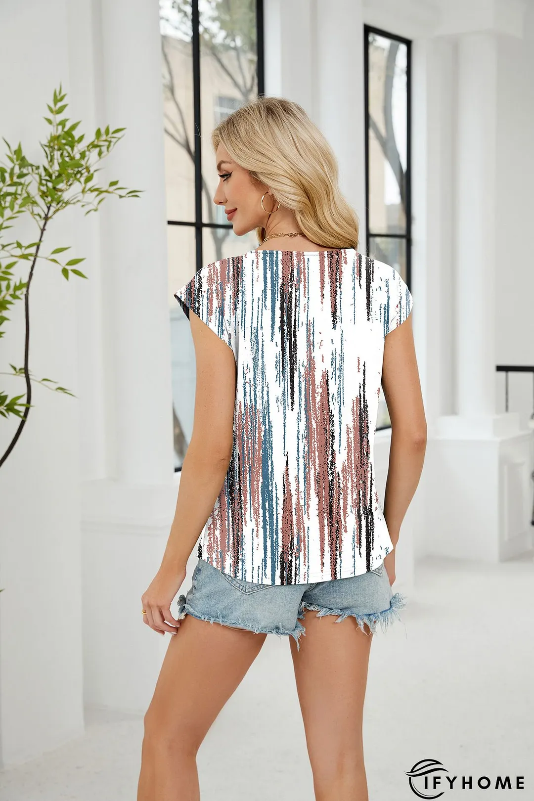 Women's Home Casual Daily Geometric Painting T shirt Tee Striped Scenery Short Sleeve Print Round Neck Ethnic Vintage Top | IFYHOME