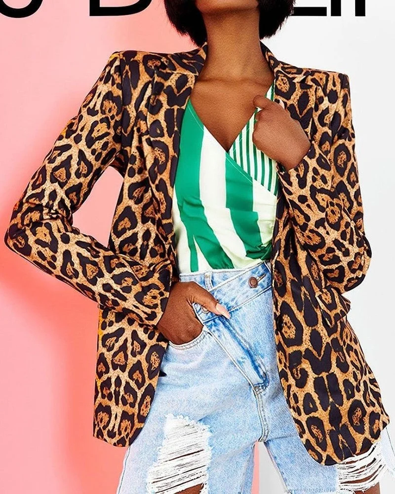 Cheetah Print Pocket Decor Blazer Coat