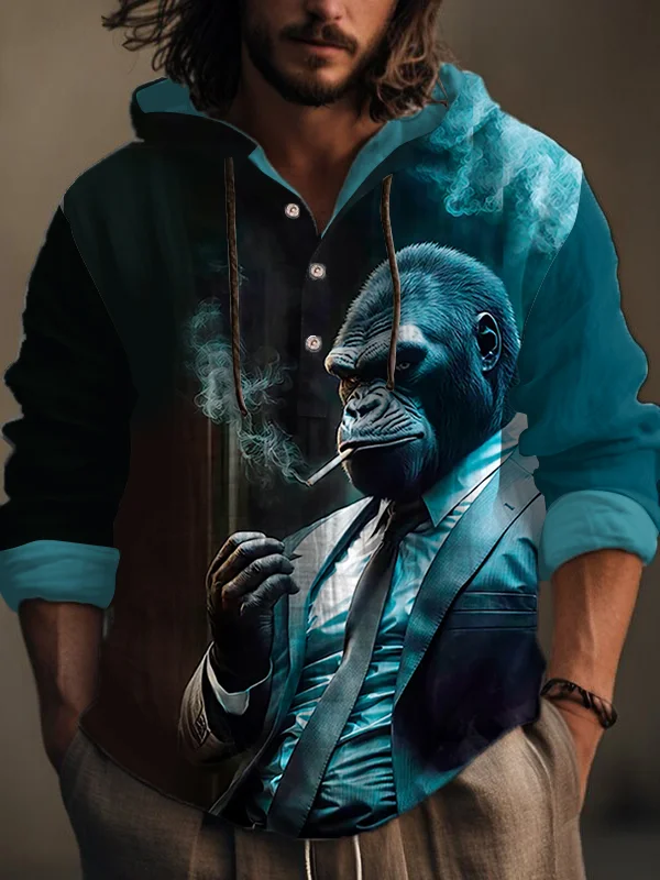 Men's Cool Monkey Gentleman Smoking Print Hooded Shirt