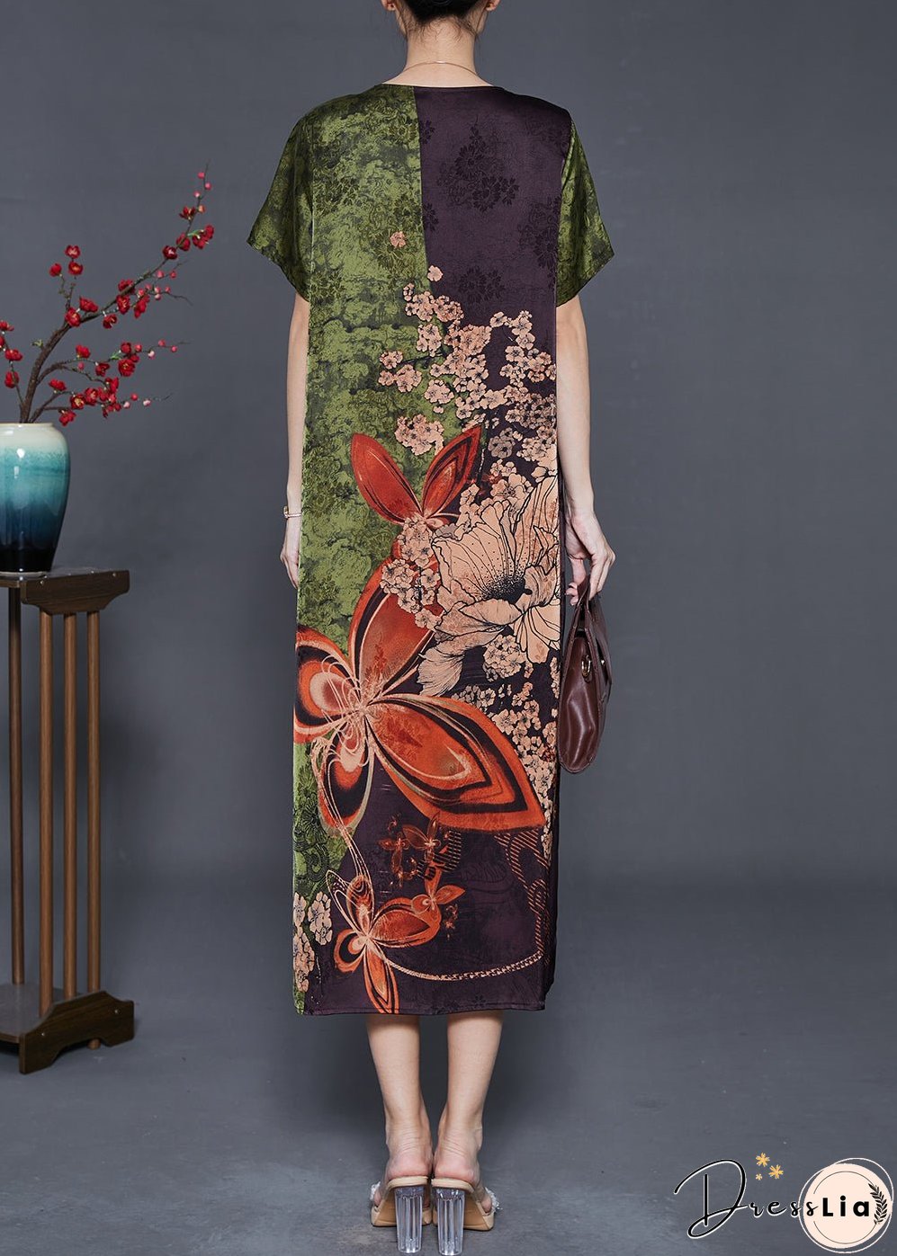 Green Print Silk Holiday Dress Chinese Button Summer