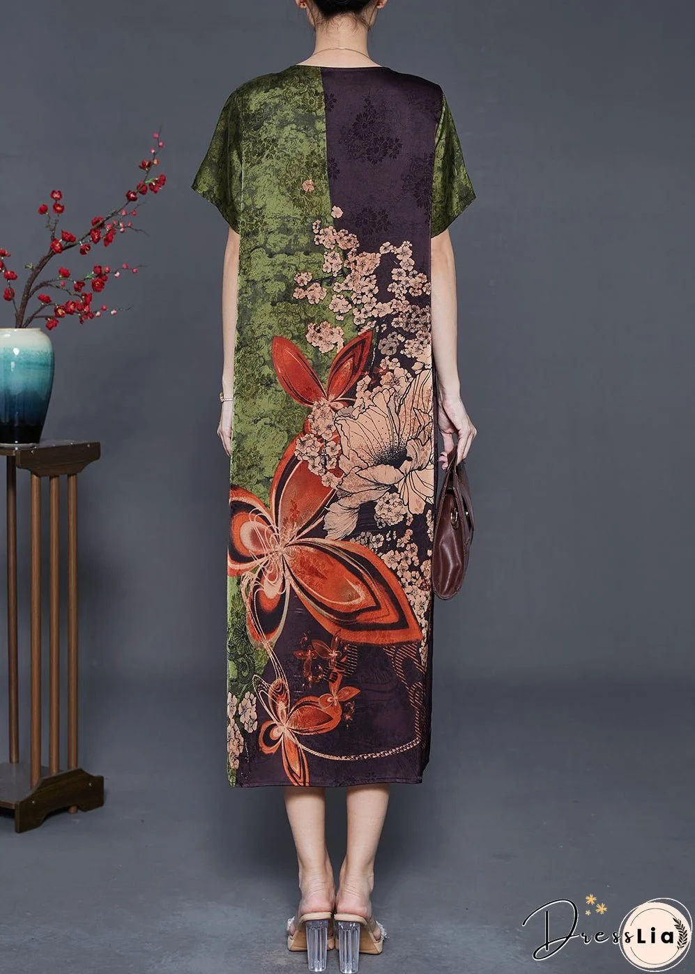 Green Print Silk Holiday Dress Chinese Button Summer