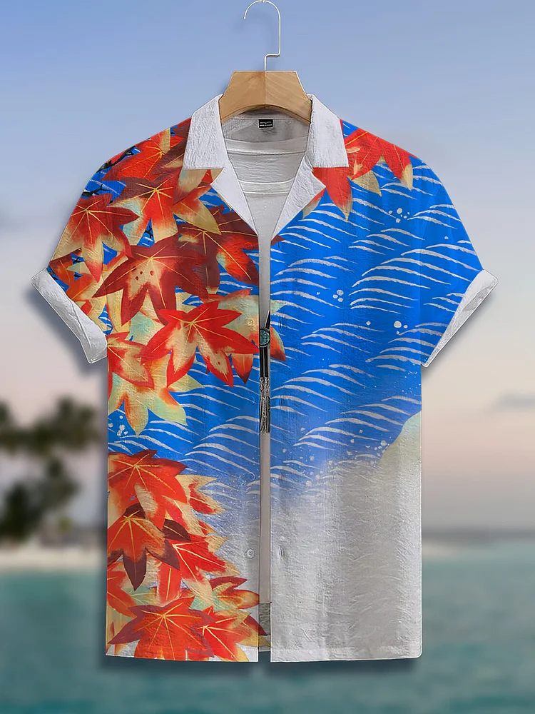Men's Japanese Art Maple Leaf Ocean Print Short Sleeve Shirt