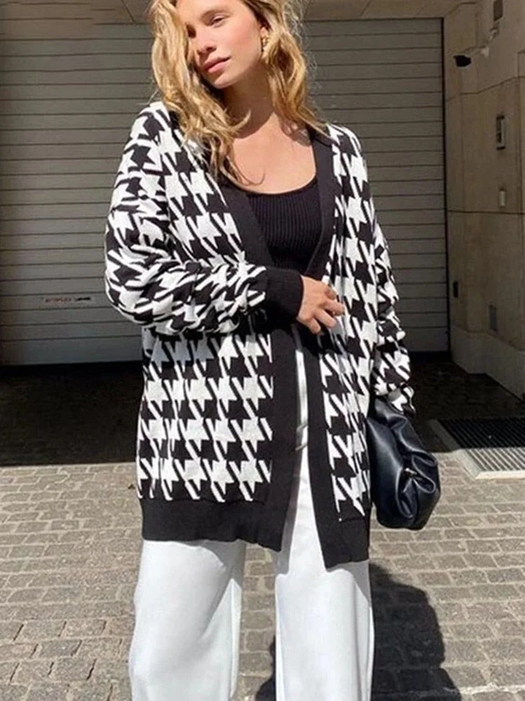 Gitana Y2K Houndstooth Knitted Oversized Cardigan Sweater 2022 Autumn Winter Vintage Sweater Jumper Casual Cardigan Women Coats