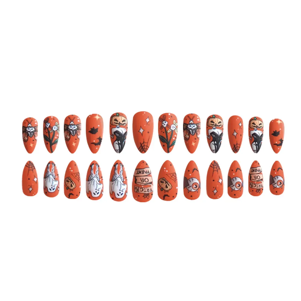 Churchf Churchf Almond Nail Orange Pumpkin Female Ghost Halloween Element Fake Nail Finished Wear Nail Holiday Nail