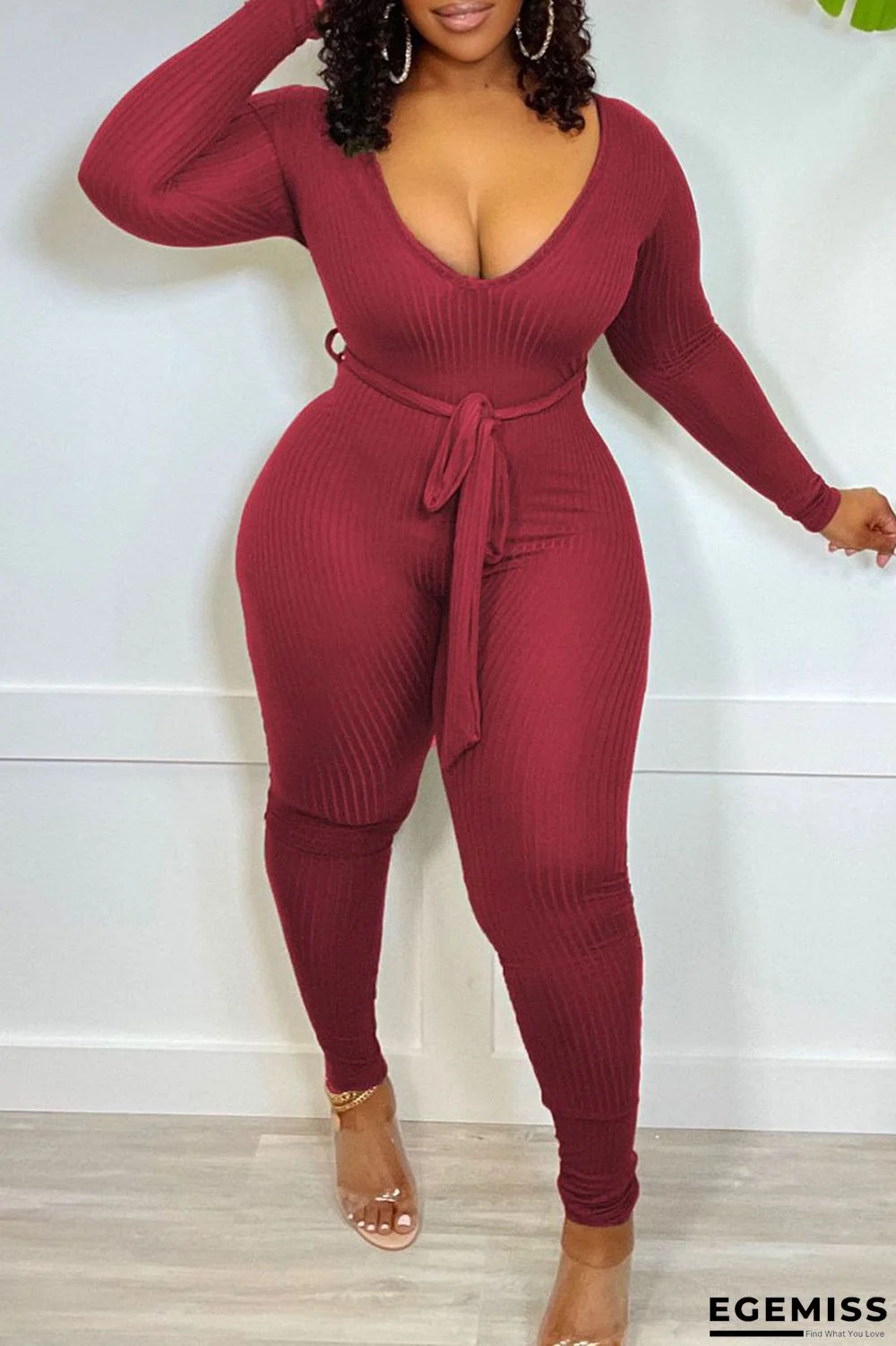 Burgundy Casual Solid Patchwork With Belt V Neck Skinny Jumpsuits | EGEMISS