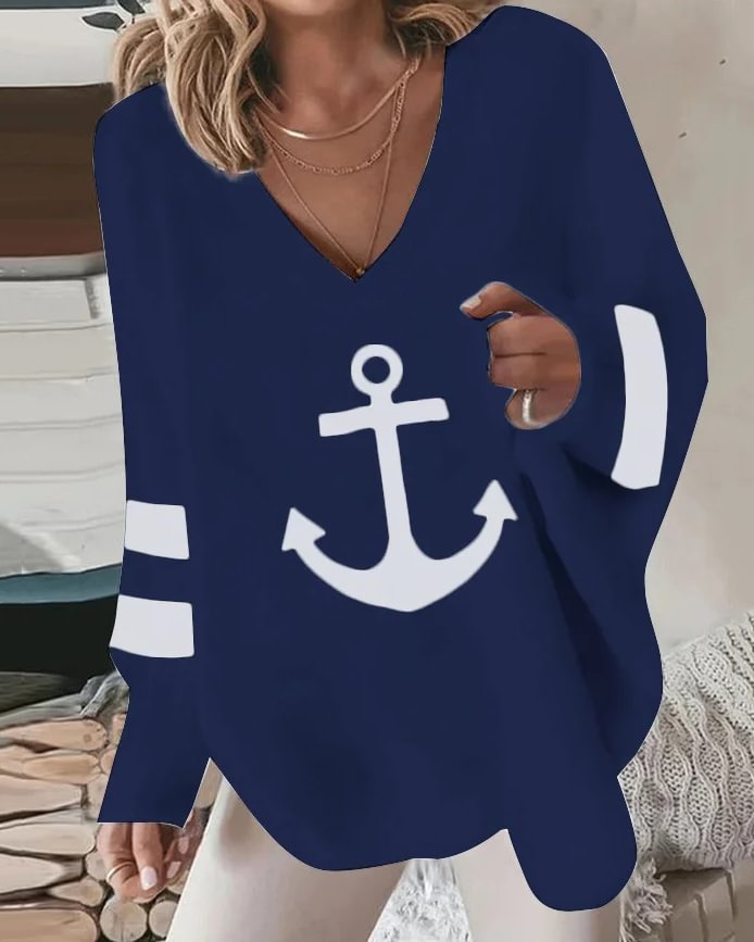 Casual Sea Anchor Loose V Neck Sweatshirt