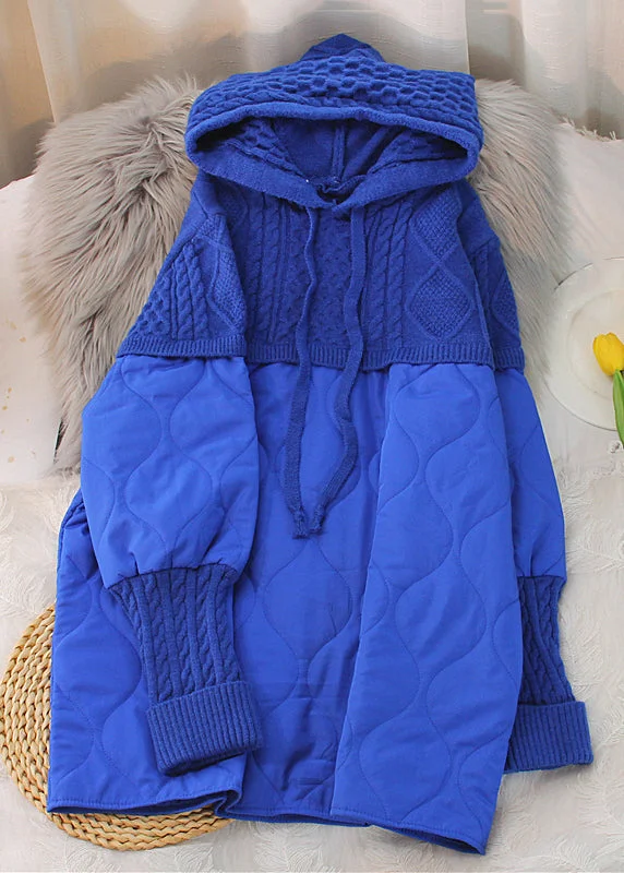 Loose Royal Blue Hooded Knit Patchwork Mid Parka Long Sleeve