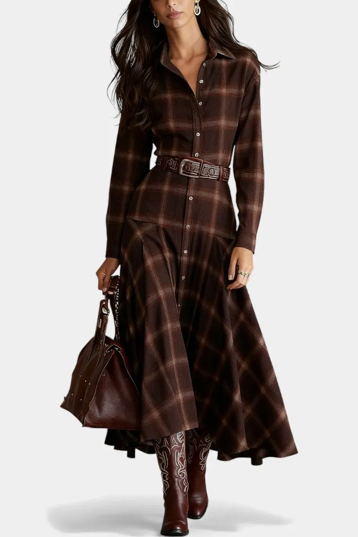Button-Down Plaid Maxi Dress with Belt Detail