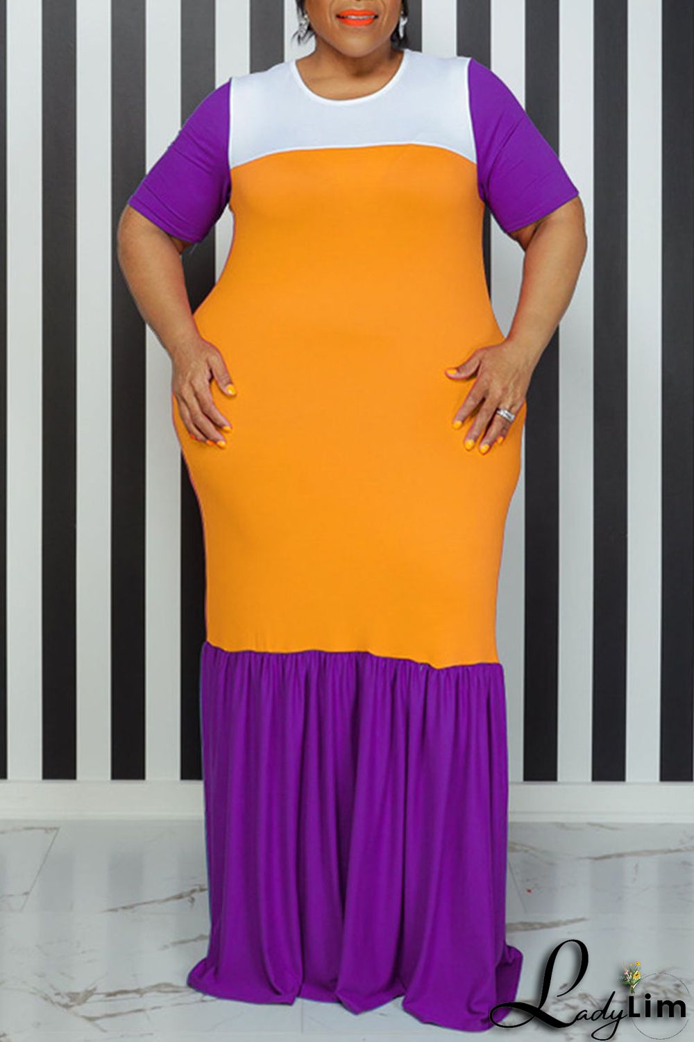 Pink Casual Solid Patchwork O Neck Straight Plus Size Dresses