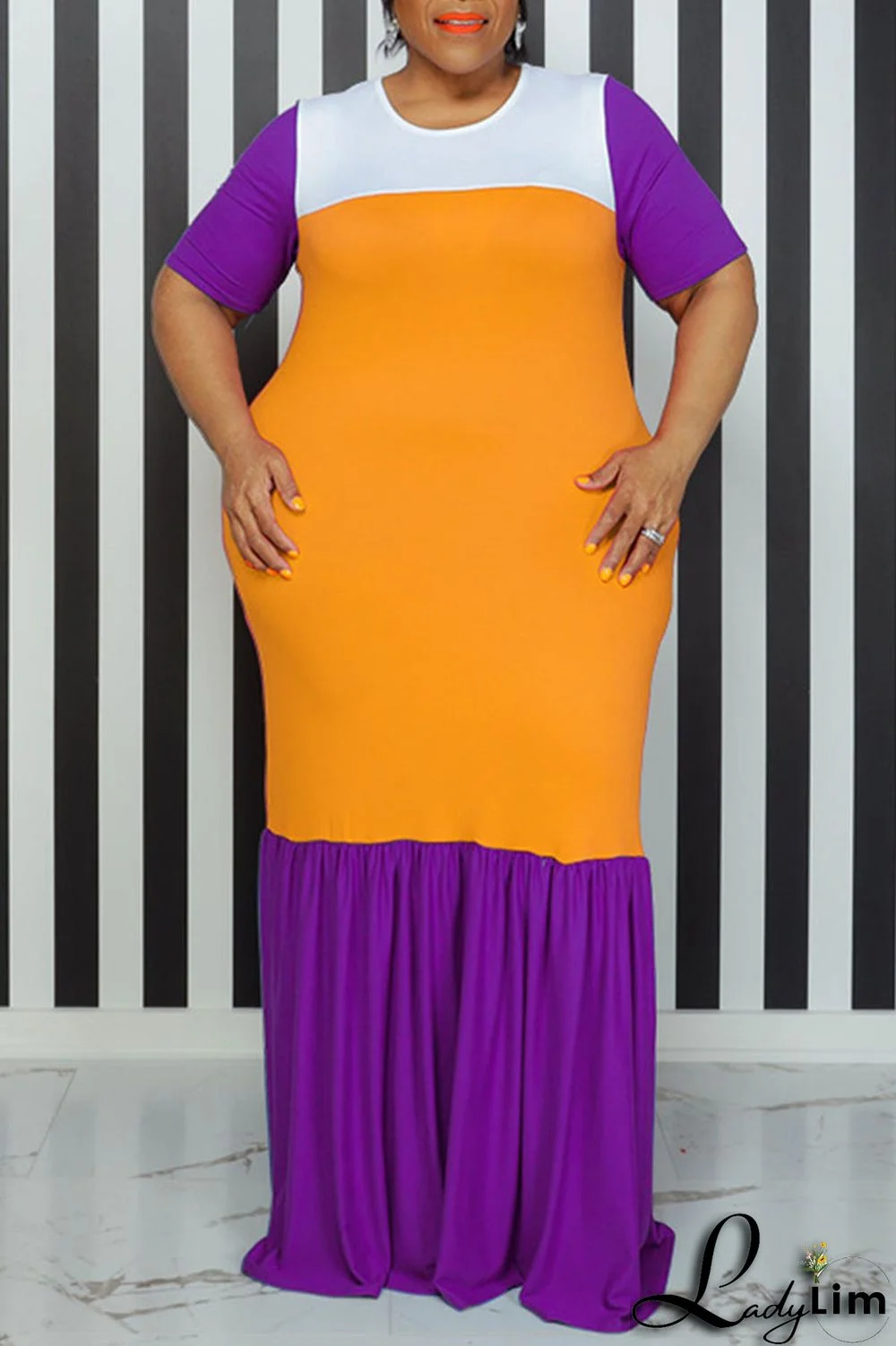 Pink Casual Solid Patchwork O Neck Straight Plus Size Dresses