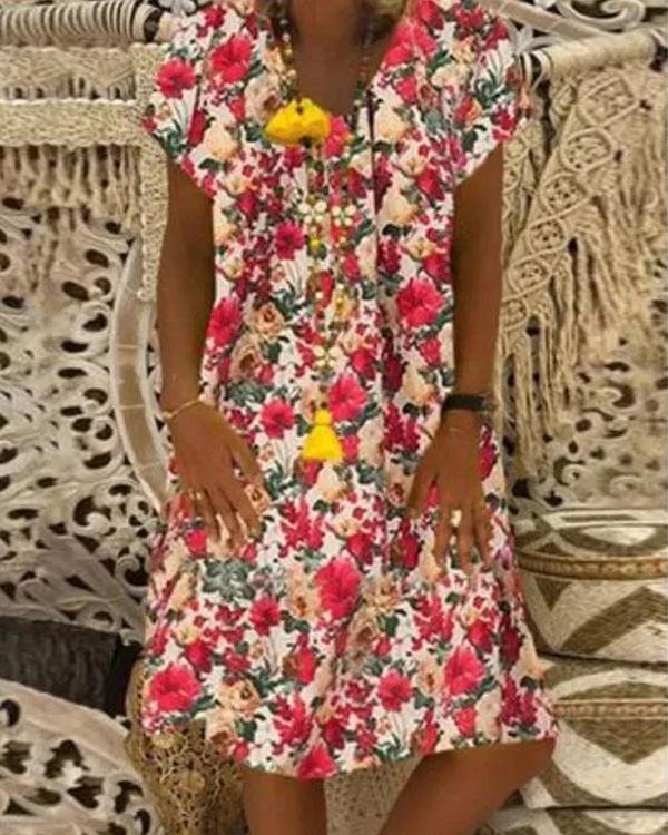 Casual Floral Tunic V-Neckline Shift Dress - Chicaggo