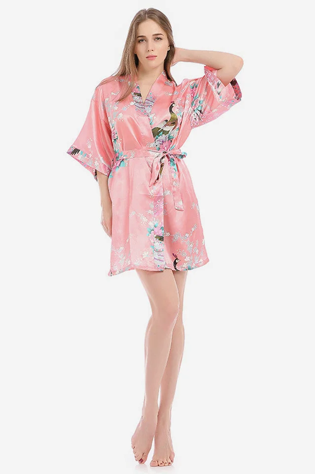 Silk Short Kimono Peacock Print Sleepwear
